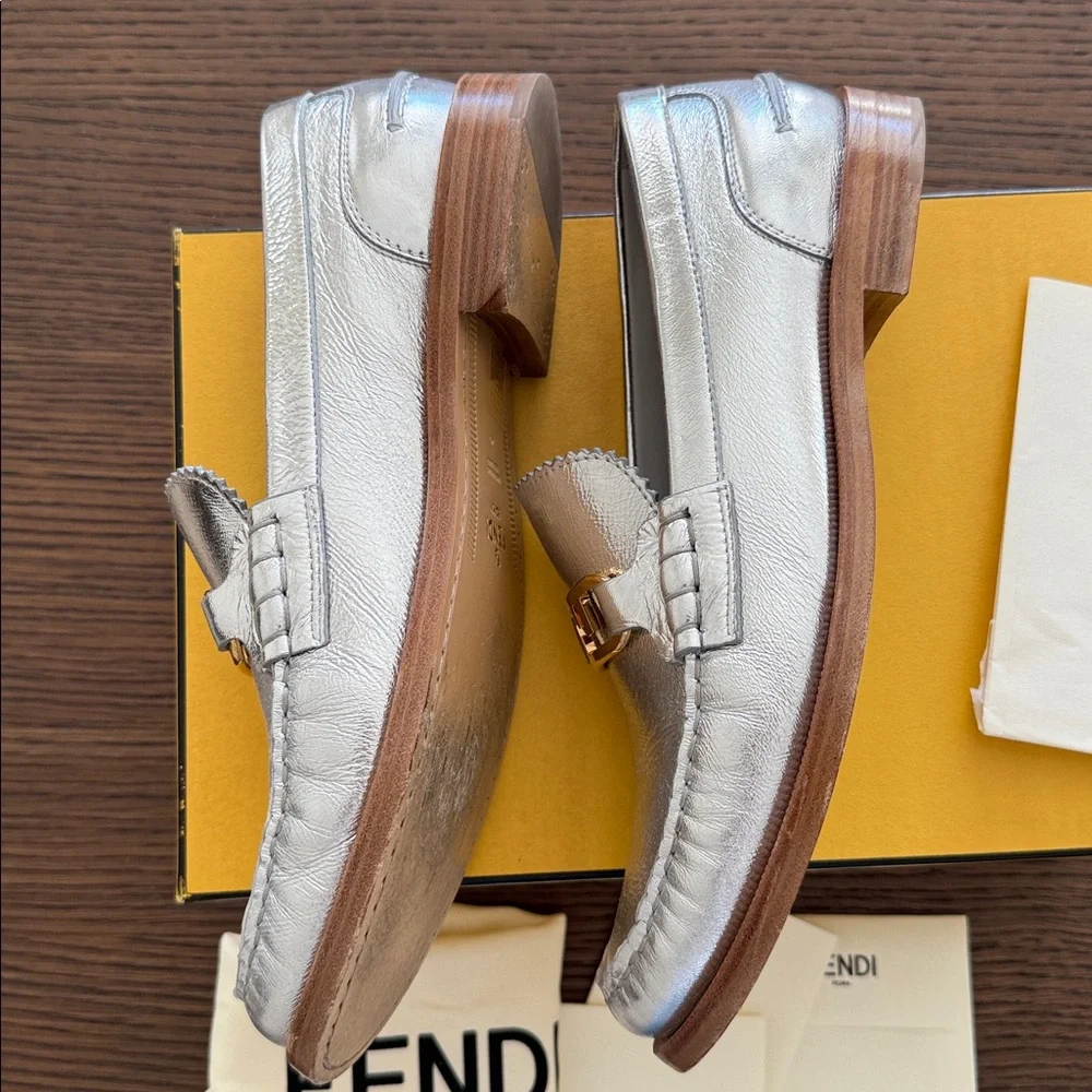 Fendi Metallic Silver Loafers with Gold Accent. Women’s size 40. - Picture 3 of 9